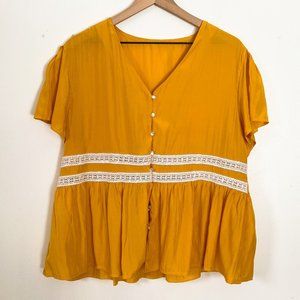 Marigold Yellow Babydoll Button-up Blouse with Lace Detail, Shein, Size 1X, NWOT